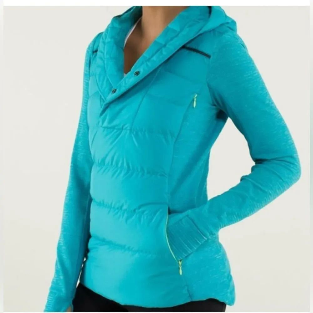 Lululemon Fluff Off Down Jacket Size 4 Pullover Puffer Hooded Blue Teal Goose